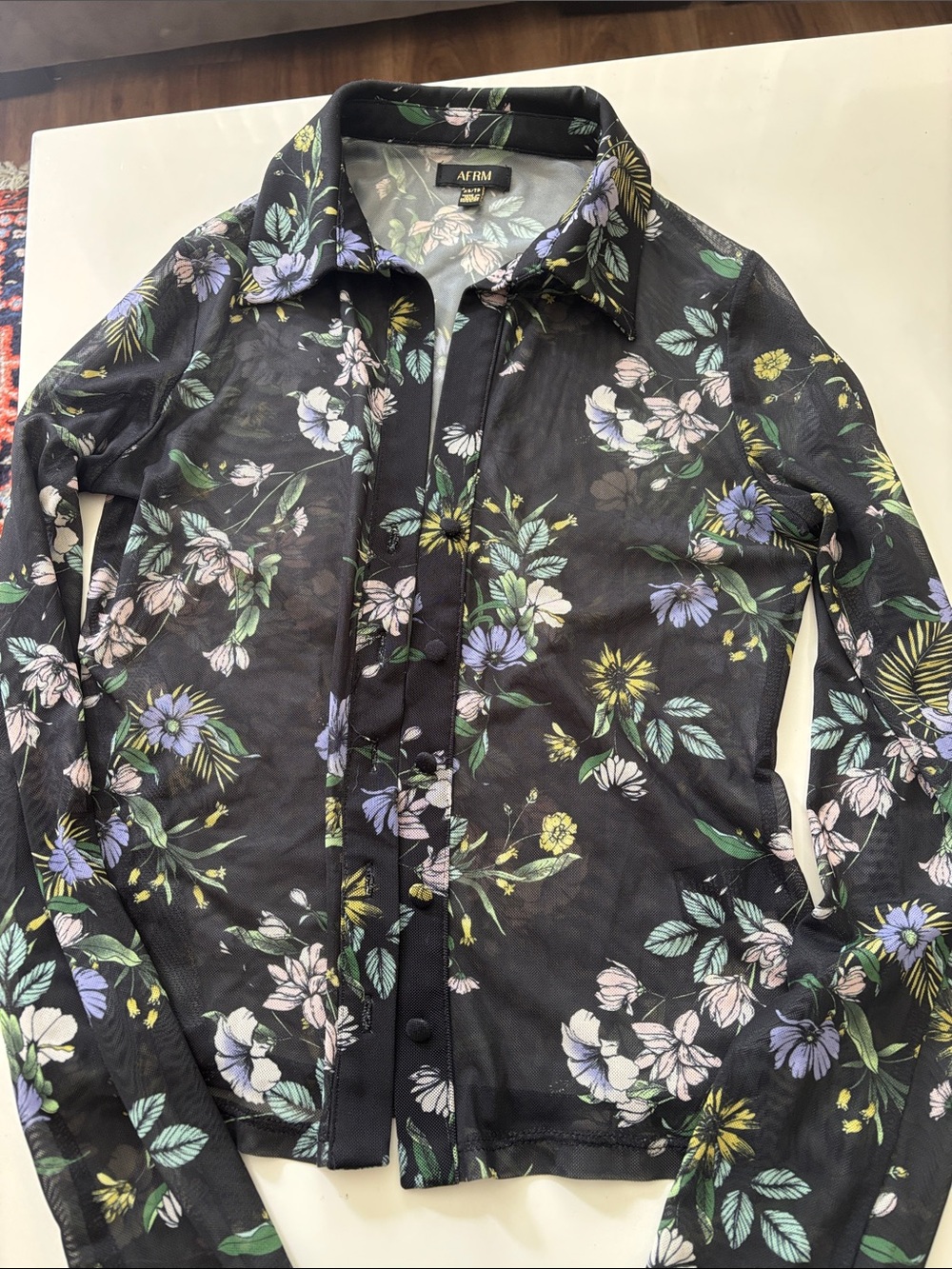 AFRM Black Floral Mesh Button-Down Shirt Jacket